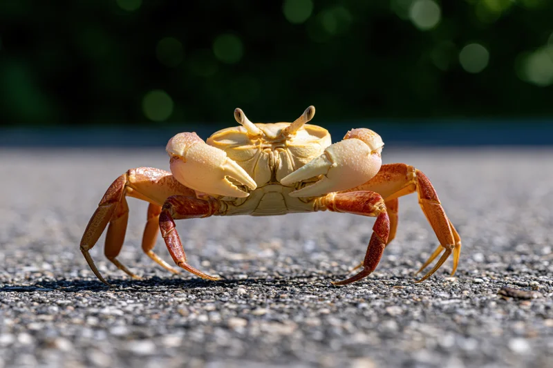 Land crab standing on asphalt pavement with claws raised, close-up view
