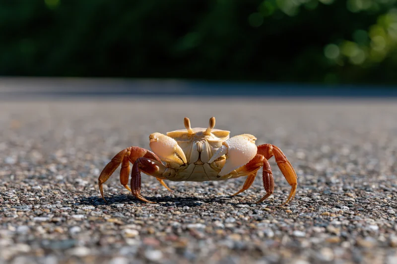 Land crab with raised claws walking on asphalt pavement outdoors