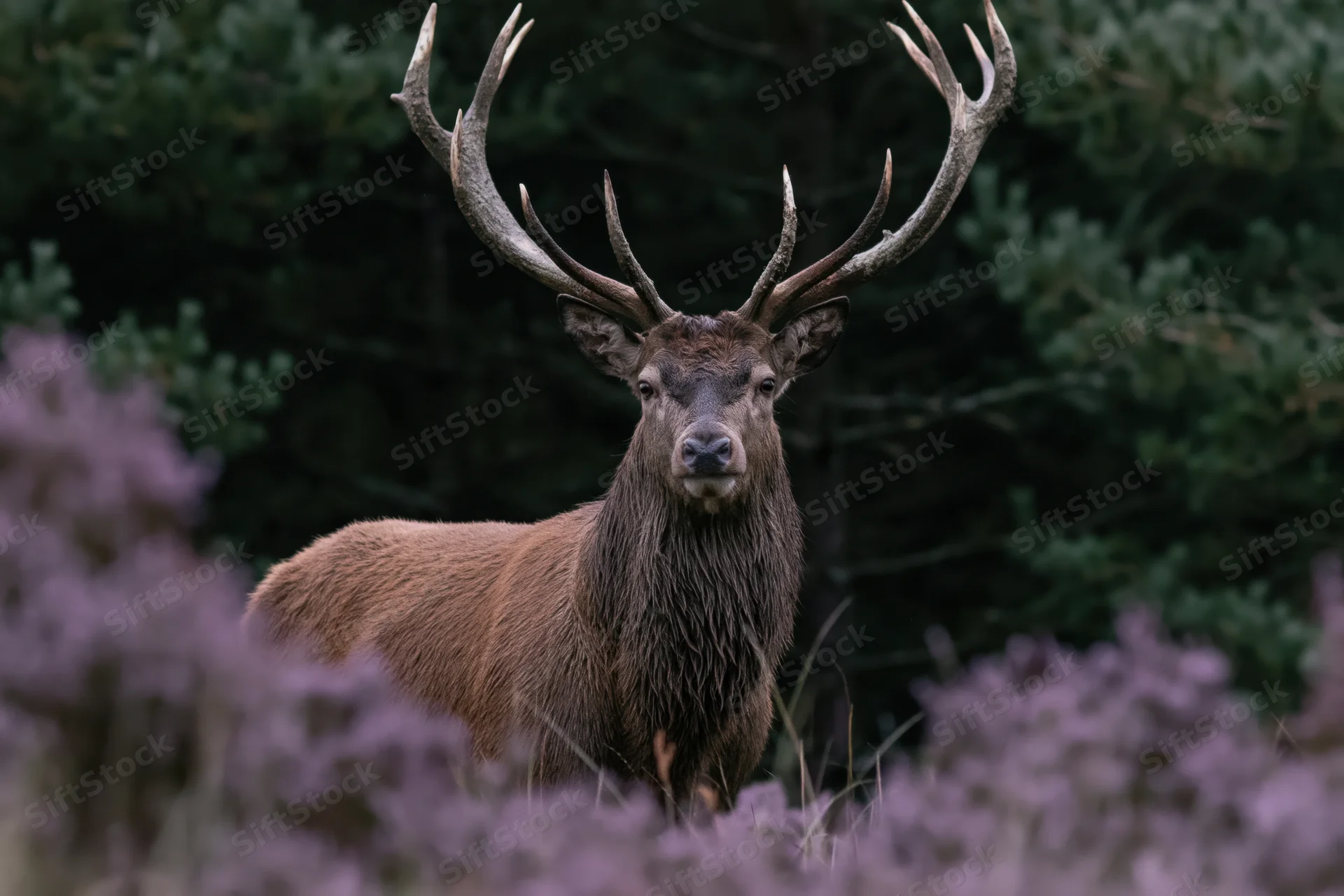 Red deer stag standing alert facing forward in a forest with purple heather in the foreground