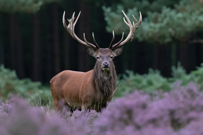 Red deer stag standing alert facing forward in a forest with purple heather and green trees