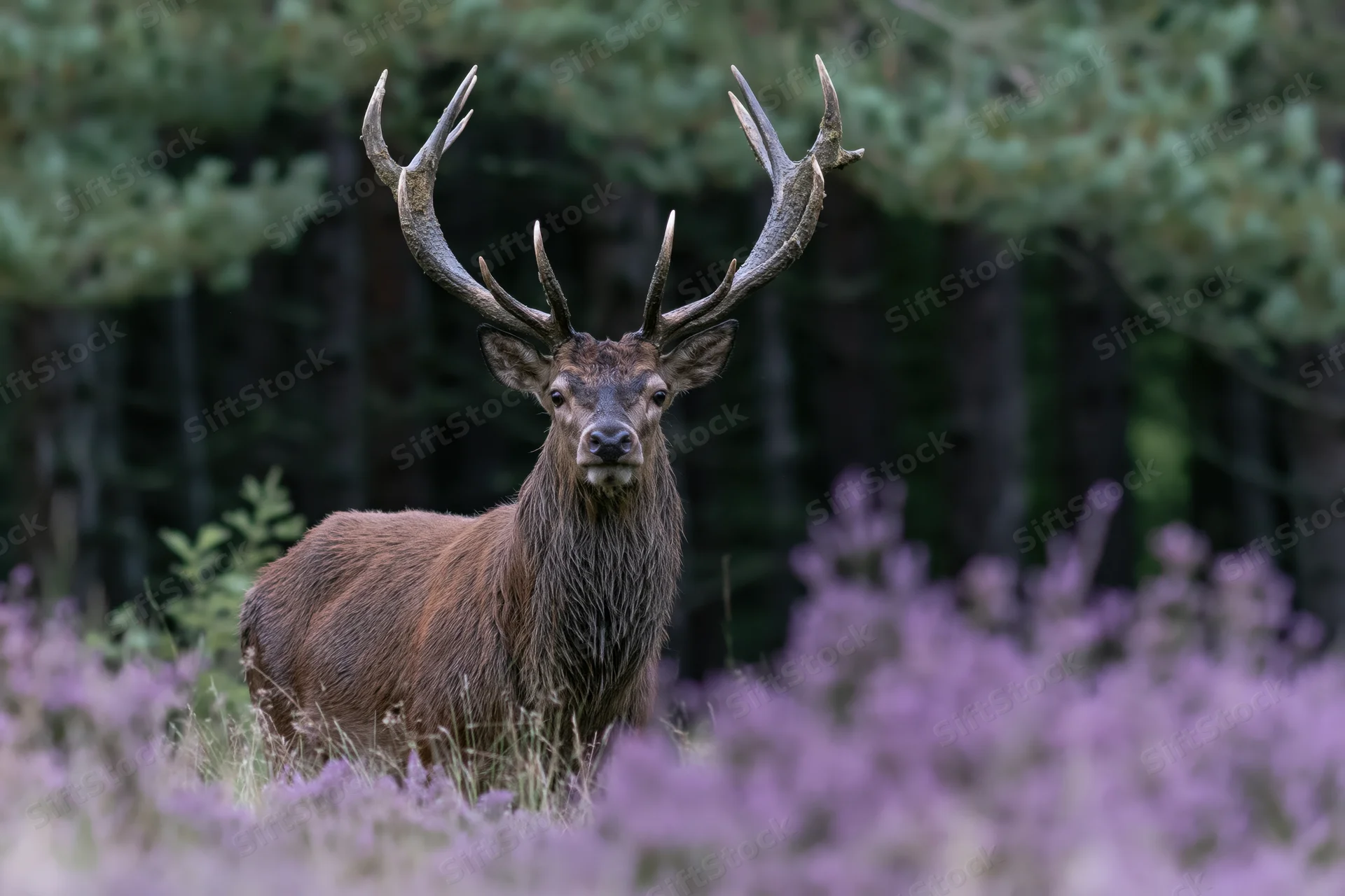 Red deer stag standing alert in a field of purple heather in a forest