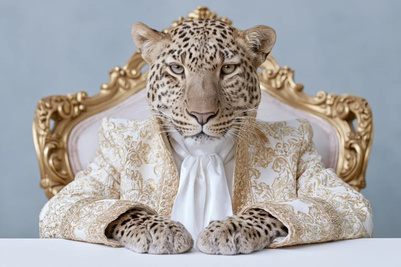 Leopard in ornate ivory and gold brocade jacket sitting at table in front of gilded chair