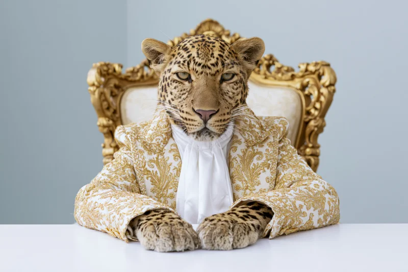 Leopard in ornate gold and ivory brocade jacket seated on a gilded chair at a white table