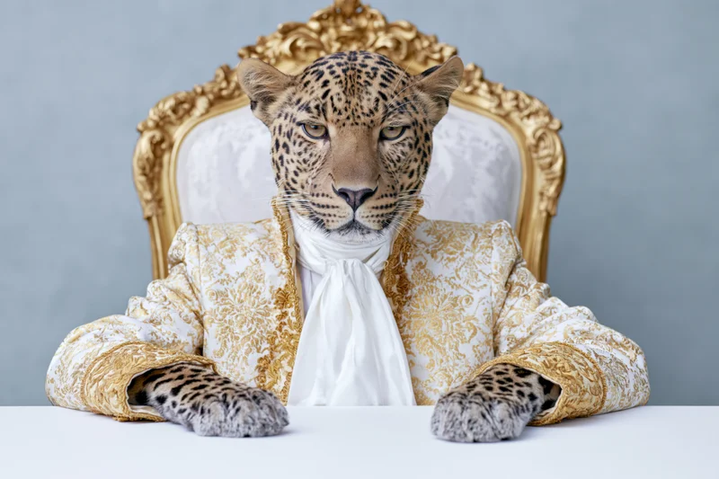 Leopard in ornate ivory and gold brocade jacket seated at table in front of gilded chair
