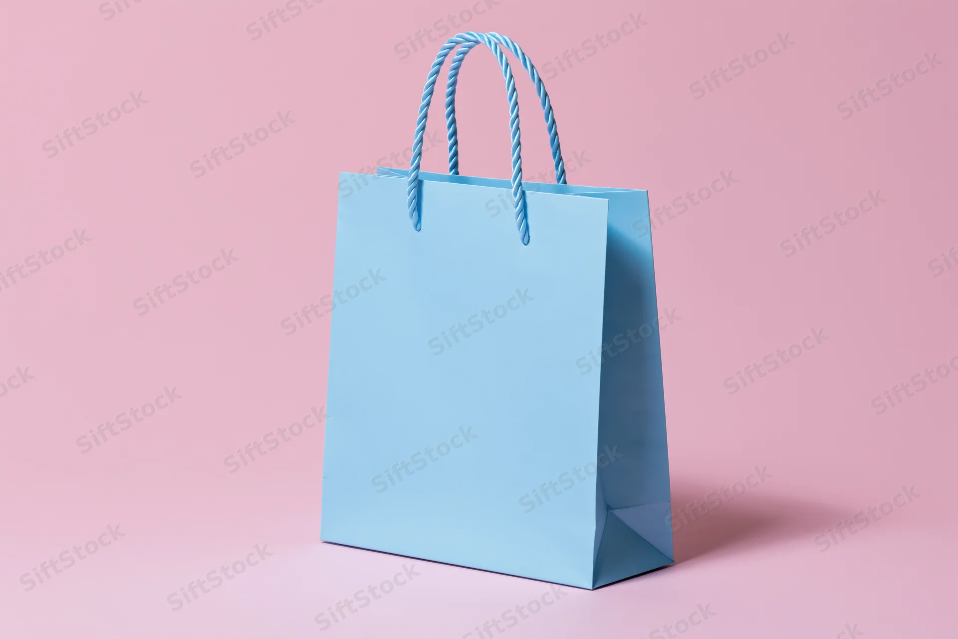 Light blue paper shopping bag with twisted rope handles on pink background