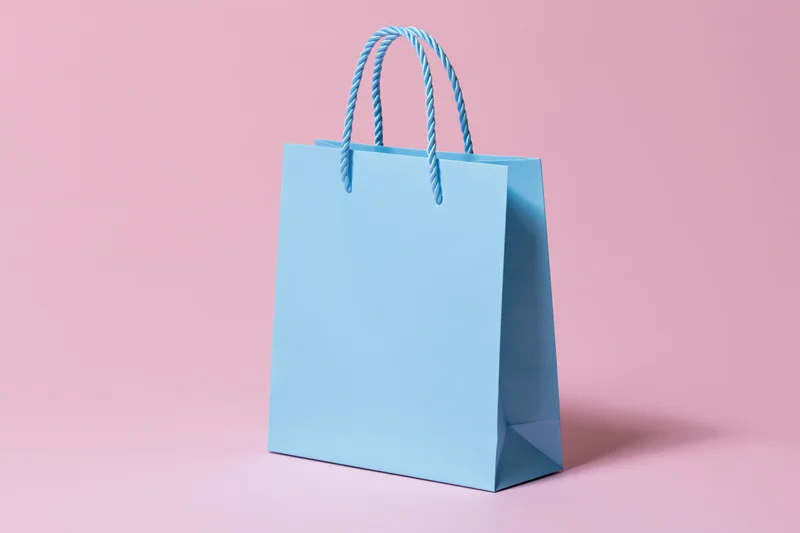 Light blue paper shopping bag with twisted rope handles on pink background