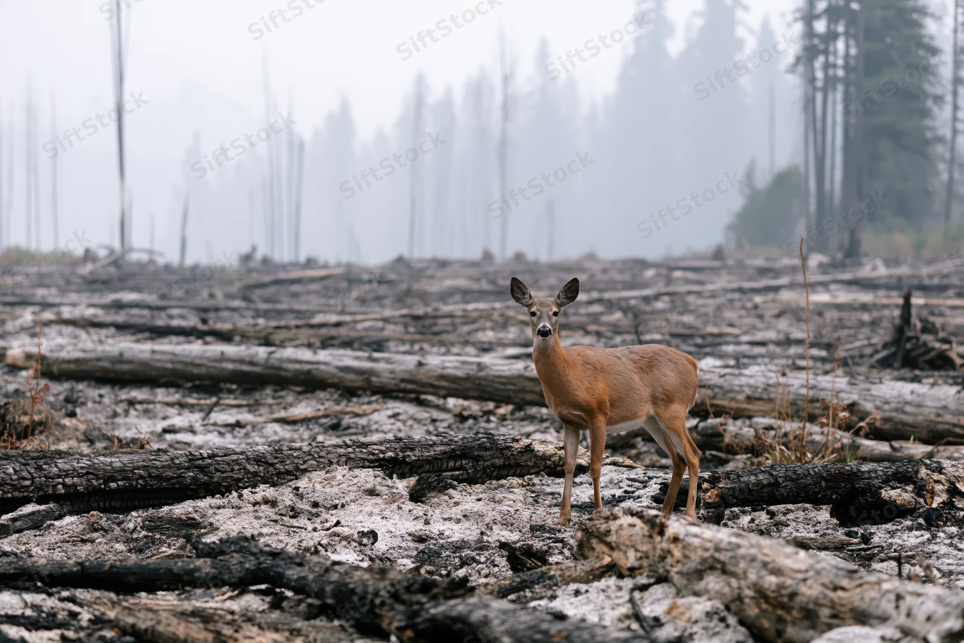 White-tailed deer standing still among charred logs in a burned forest landscape