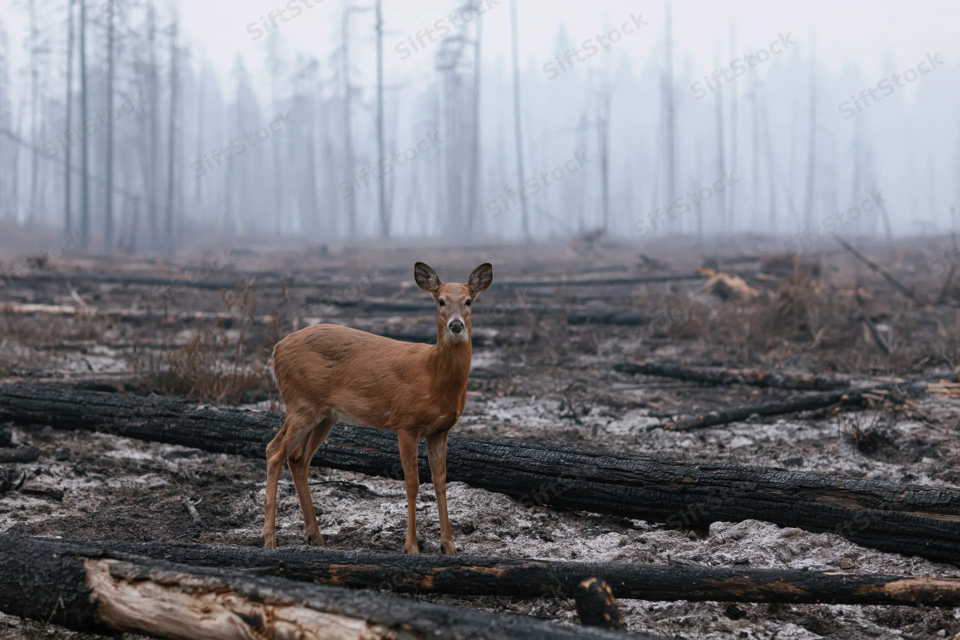 White-tailed deer standing still among charred fallen trees in a burned forest