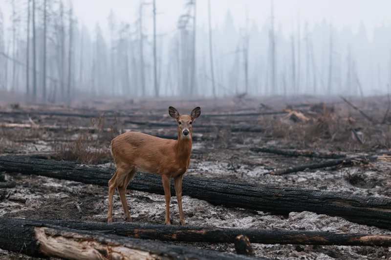 White-tailed deer standing still among charred fallen trees in a burned forest