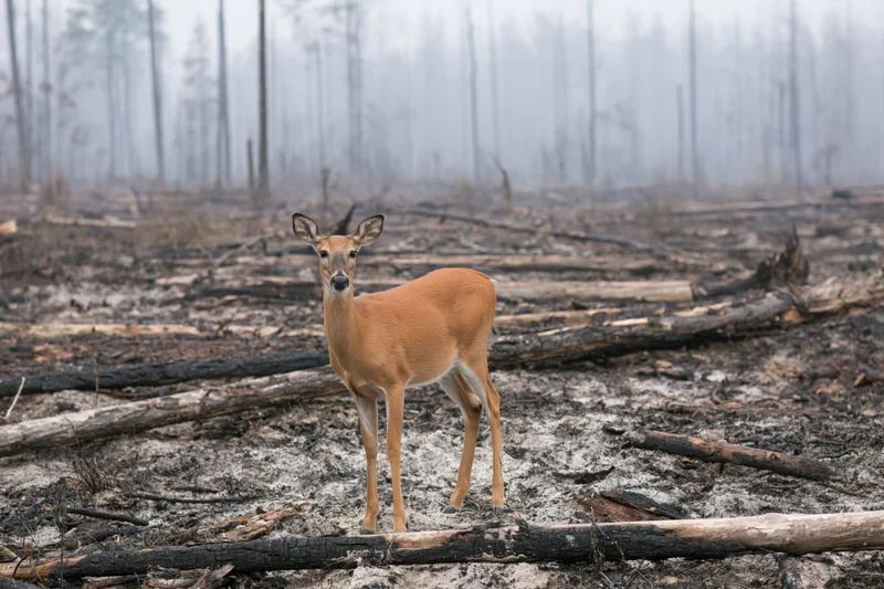White-tailed deer standing still among charred logs in a burned forest