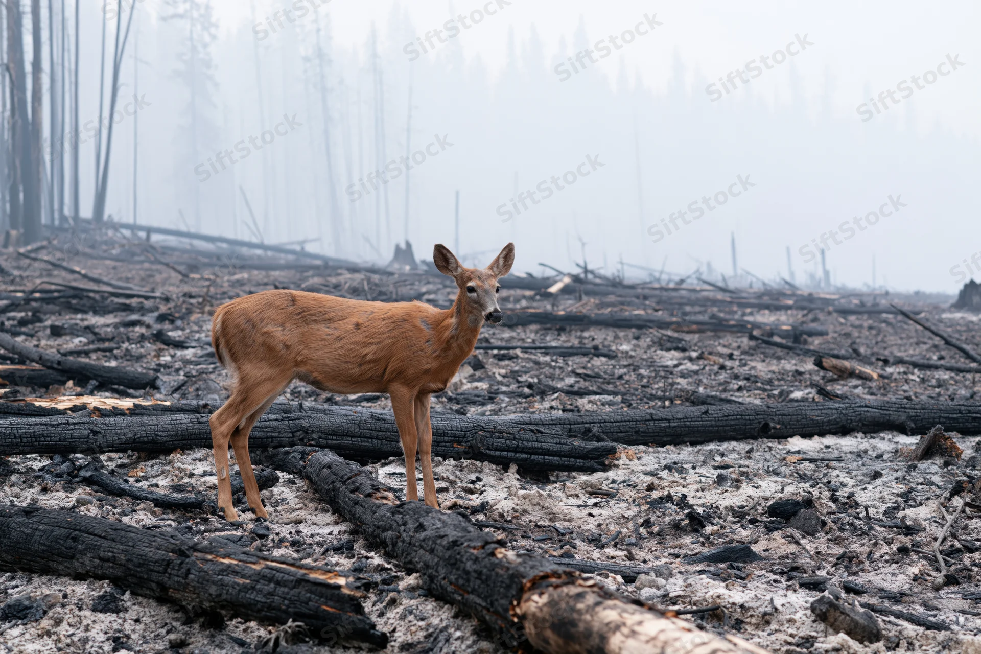 White-tailed deer standing still among charred fallen logs in a smoke-filled burned forest