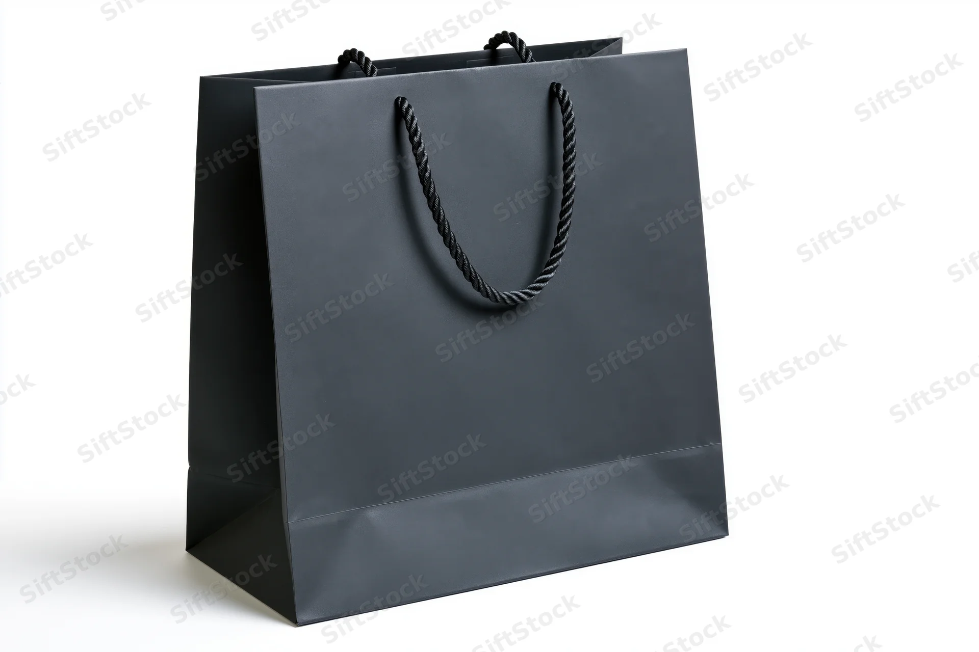 Matte black paper shopping bag with twisted rope handles on white background