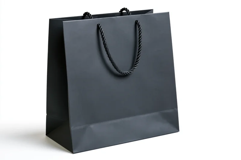 Matte black paper shopping bag with twisted rope handles on white background