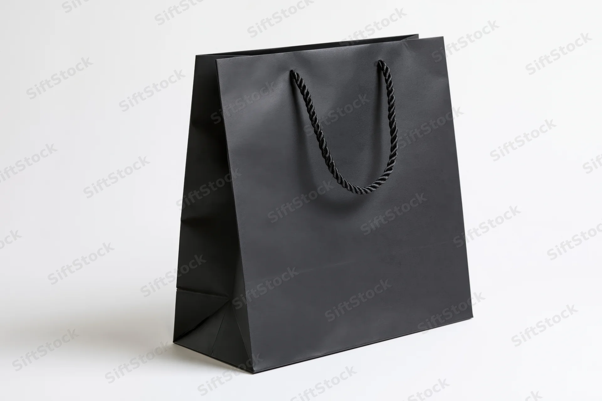Matte black paper shopping bag with twisted rope handles on white background