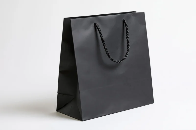 Matte black paper shopping bag with twisted rope handles on white background