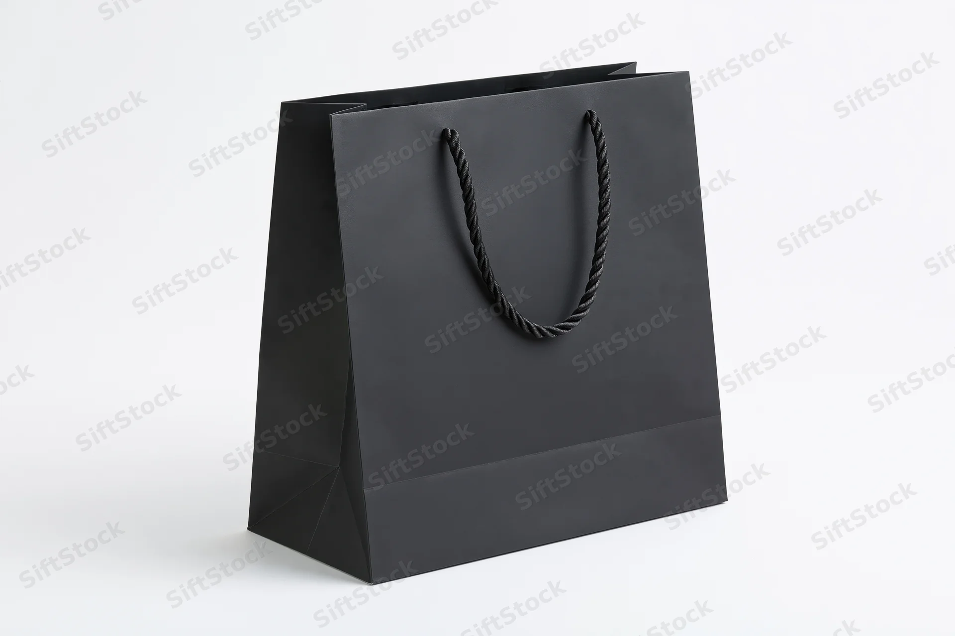Matte black paper shopping bag with twisted rope handles on white background