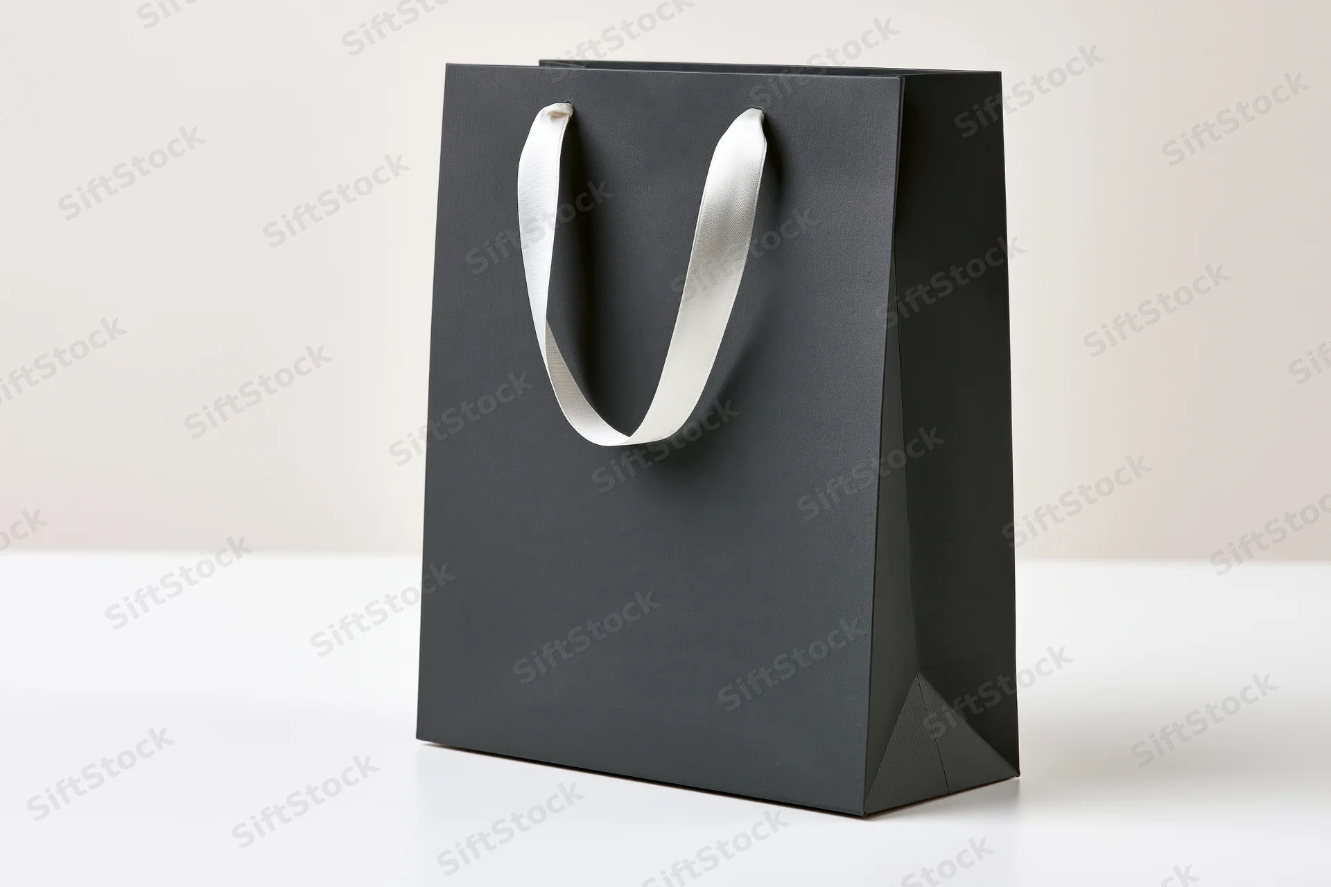 Matte black paper shopping bag with white ribbon handles standing on white surface