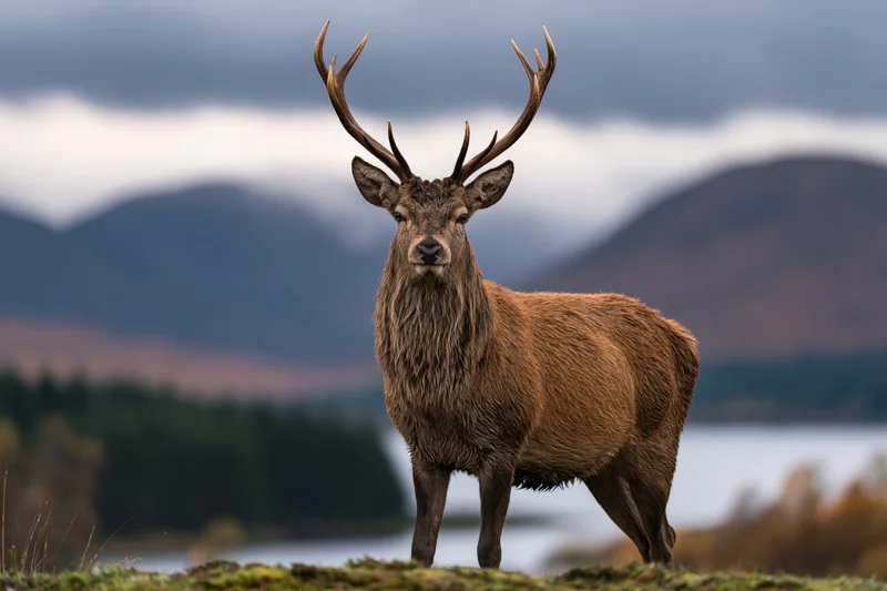 Mature red deer stag standing alert on a mossy hillside in the Scottish highlands with mountains and lake in the background
