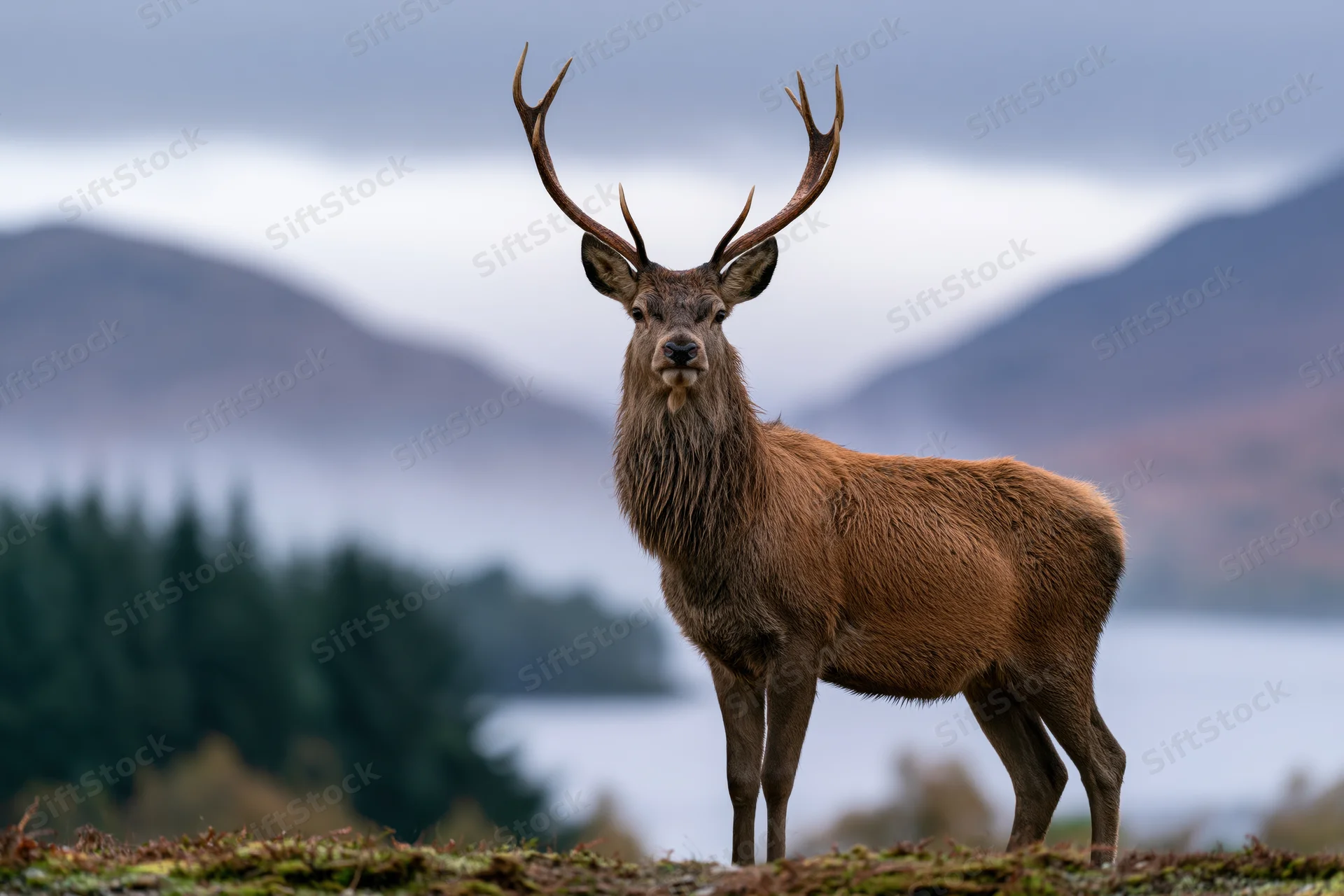 Red deer stag standing alert on mossy highland terrain with mountains and forest in background