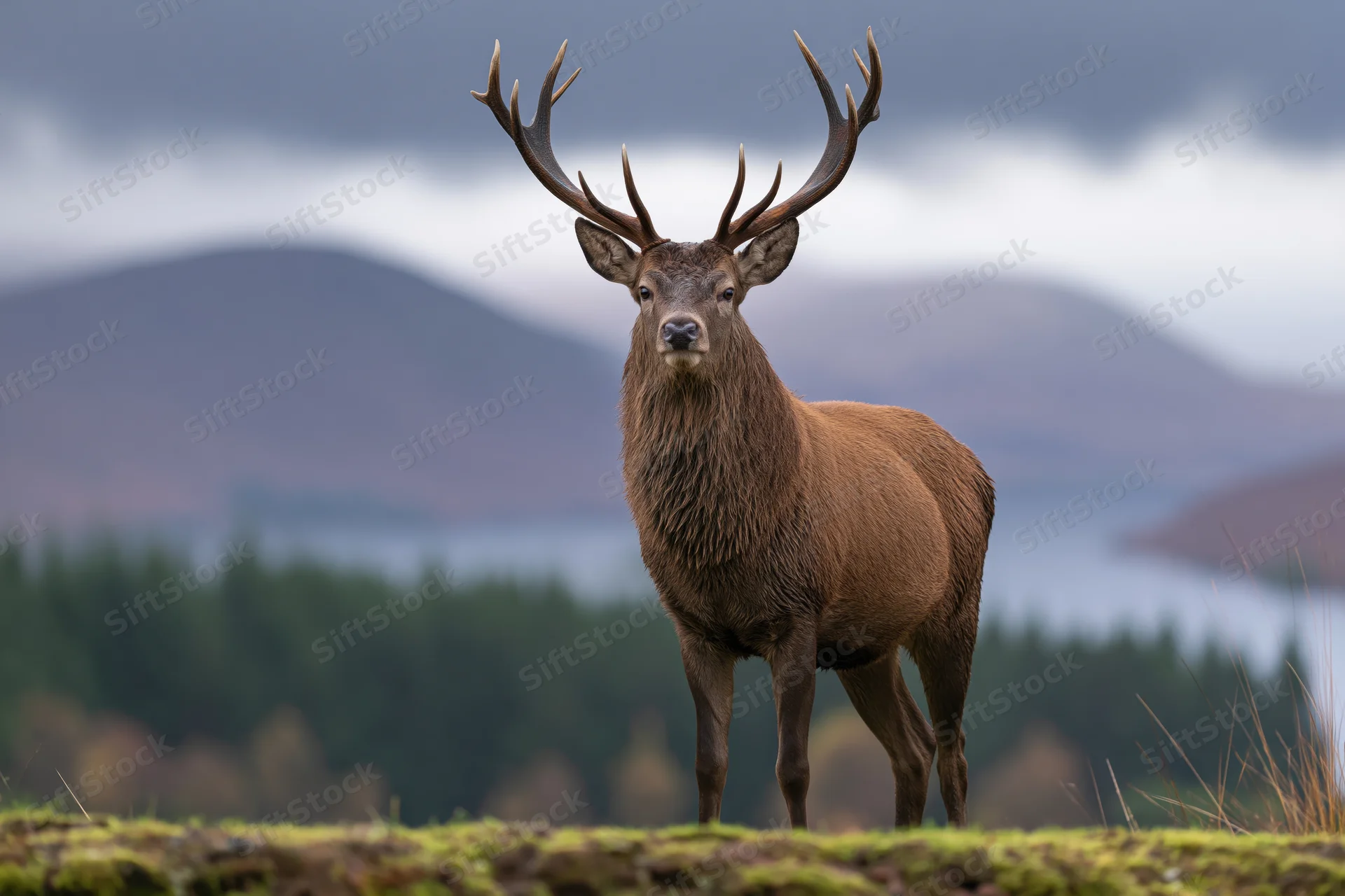 Mature red deer stag standing alert on mossy highland terrain with mountains and forest in background