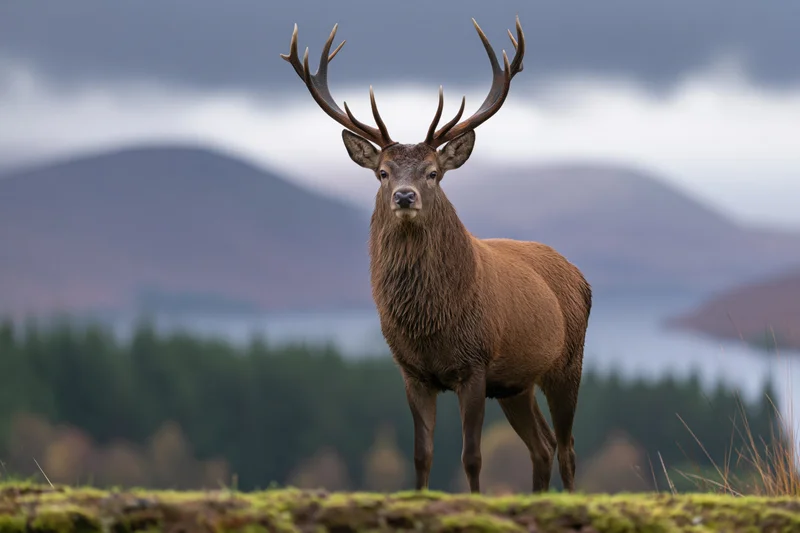 Mature red deer stag standing alert on mossy highland terrain with mountains and forest in background