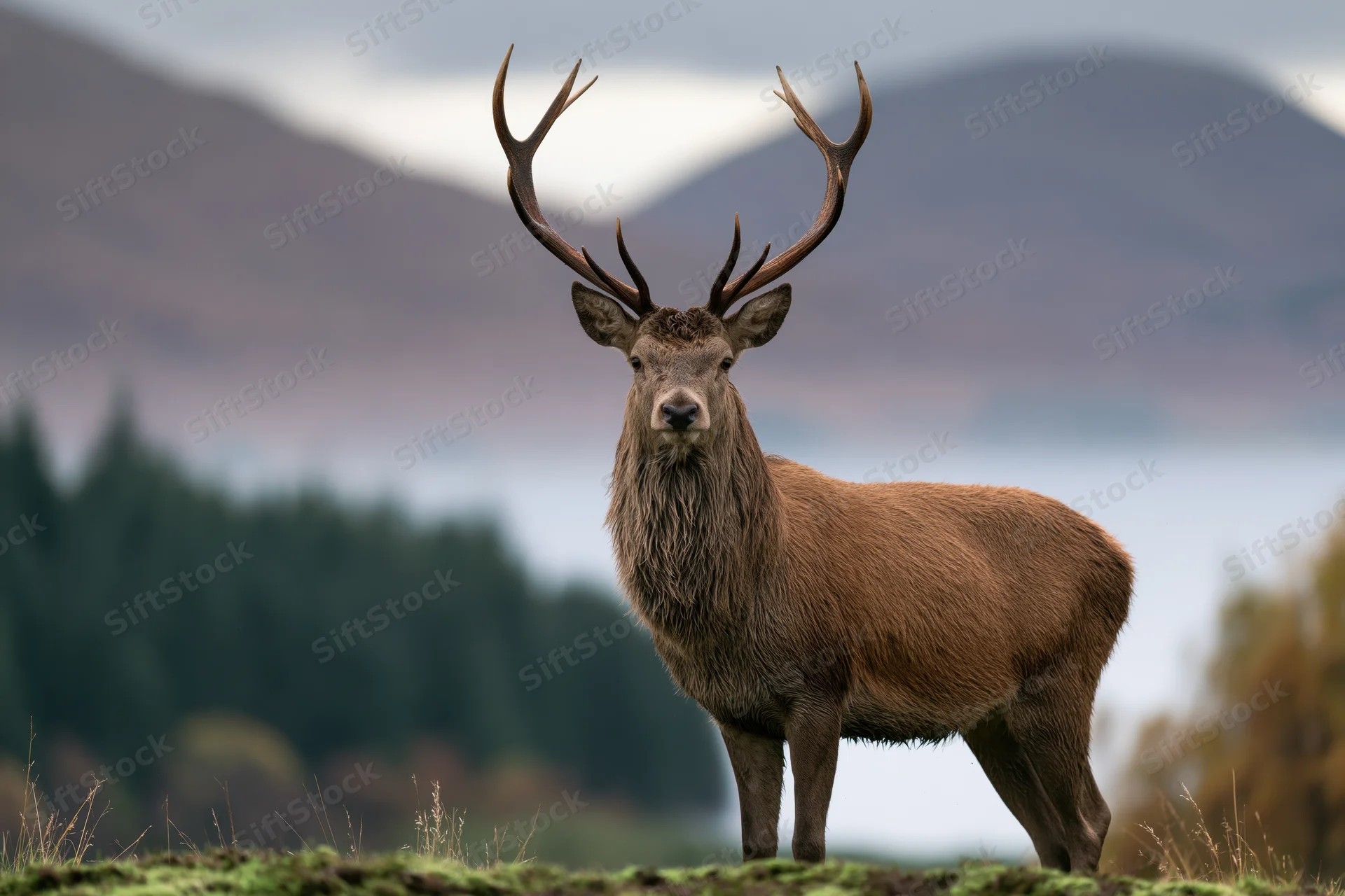 Mature red deer stag standing alert on mossy ground in scottish highland landscape with mountains and forest in background