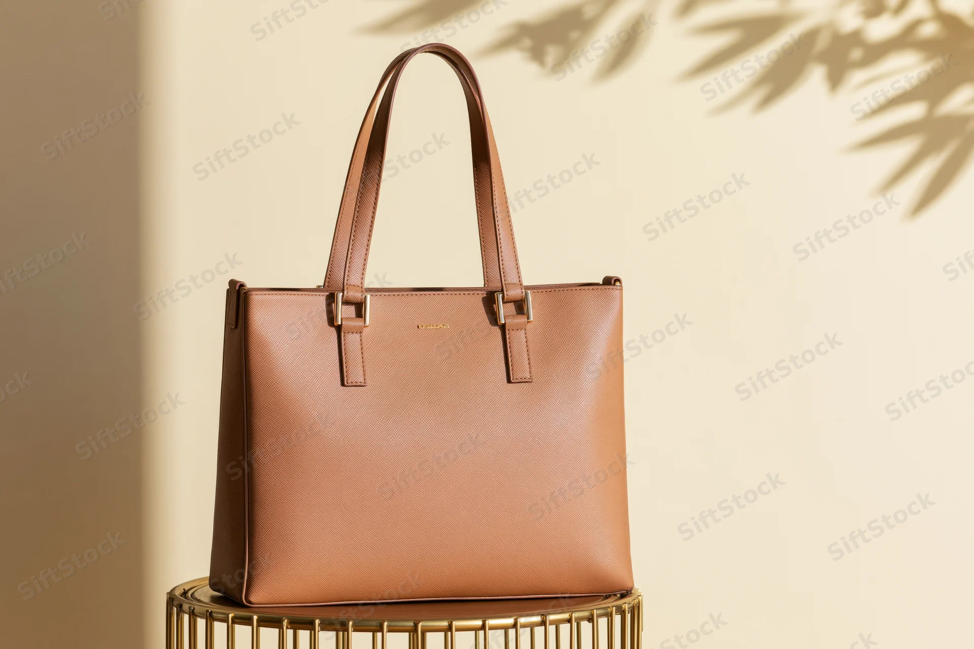 Tan leather tote bag with gold hardware displayed on golden stand against beige wall with plant shadow