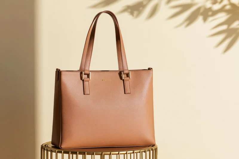 Tan leather tote bag with gold hardware displayed on golden stand against beige wall with plant shadow