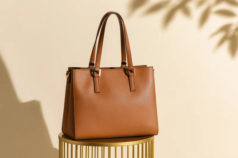 Tan leather tote bag with gold hardware displayed on golden pedestal against beige wall with leaf shadows