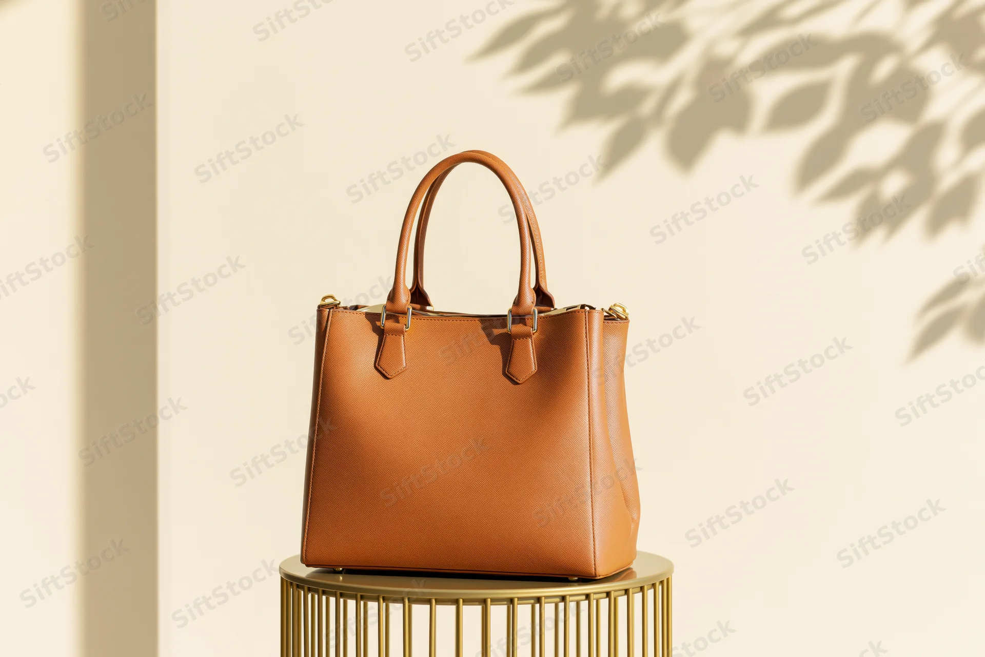 Tan leather tote bag with gold hardware on a golden stand against a light wall with leaf shadows