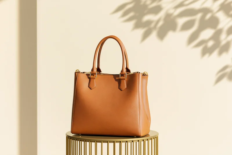 Tan leather tote bag with gold hardware on a golden stand against a light wall with leaf shadows
