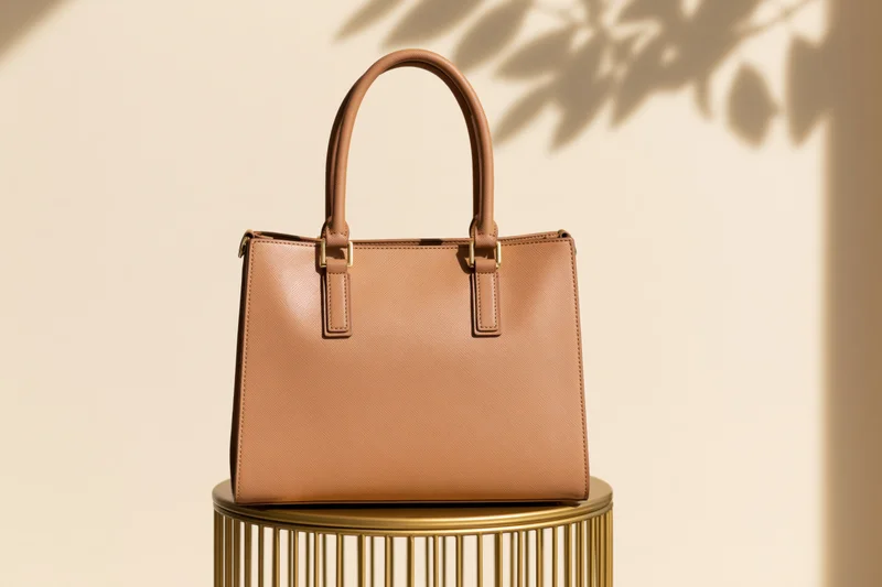 Tan leather tote bag with gold hardware on golden pedestal against beige wall with leaf shadows