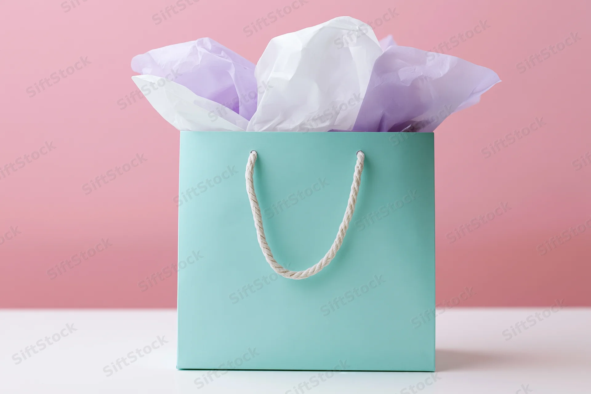 Mint paper gift bag filled with white and lavender tissue paper on pink background