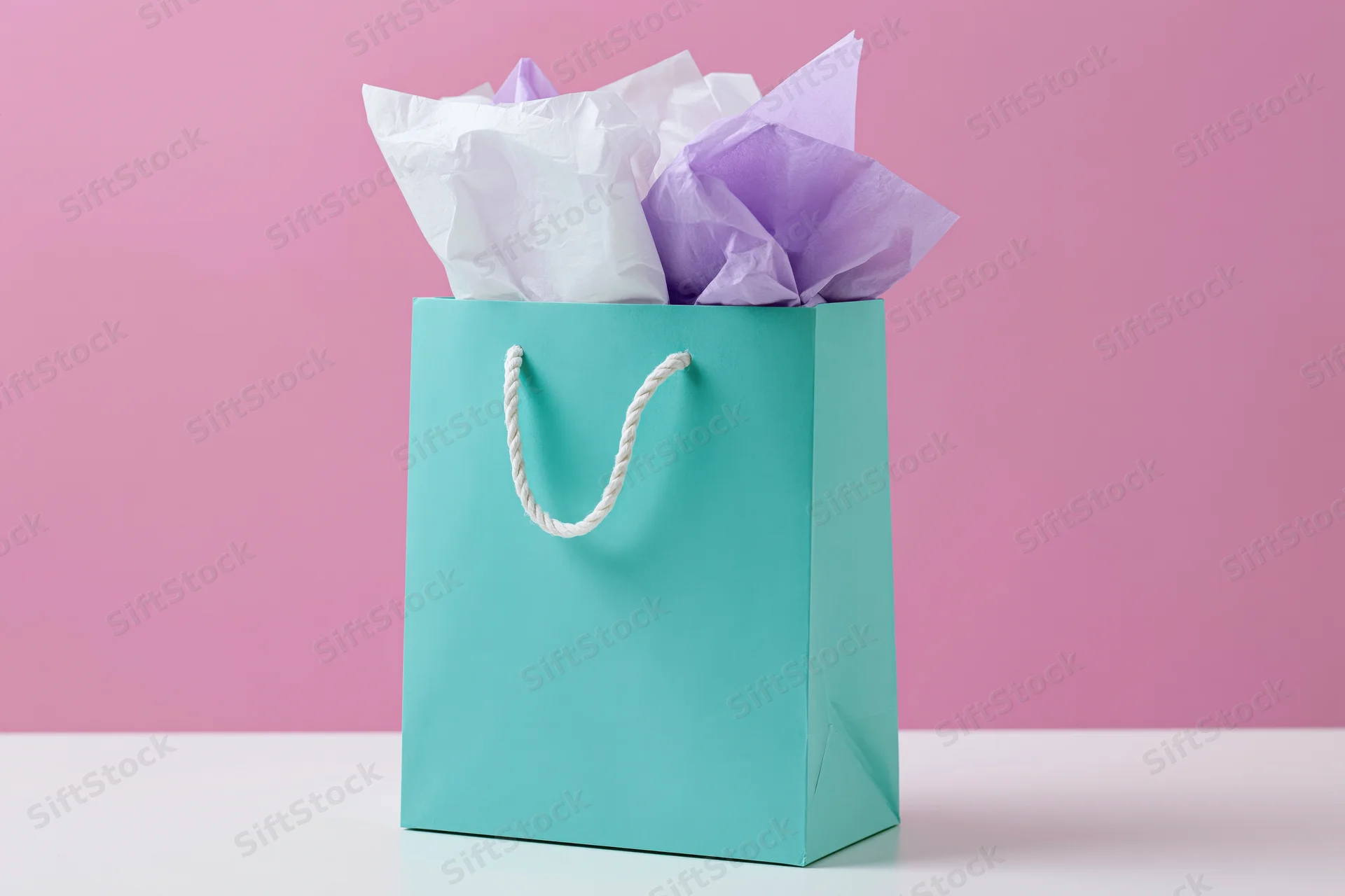 Mint paper gift bag filled with white and lavender tissue on pink background
