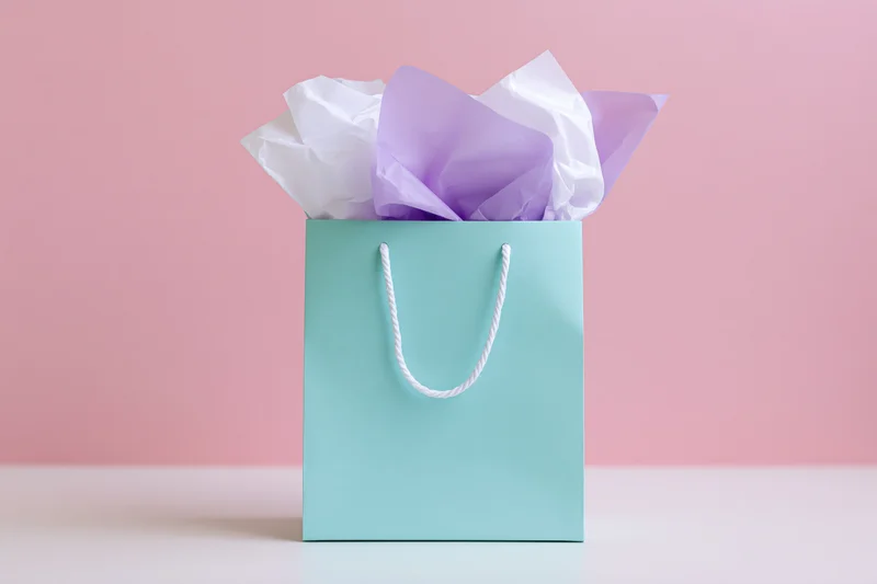 Mint blue paper gift bag filled with white and lavender tissue paper on pink background