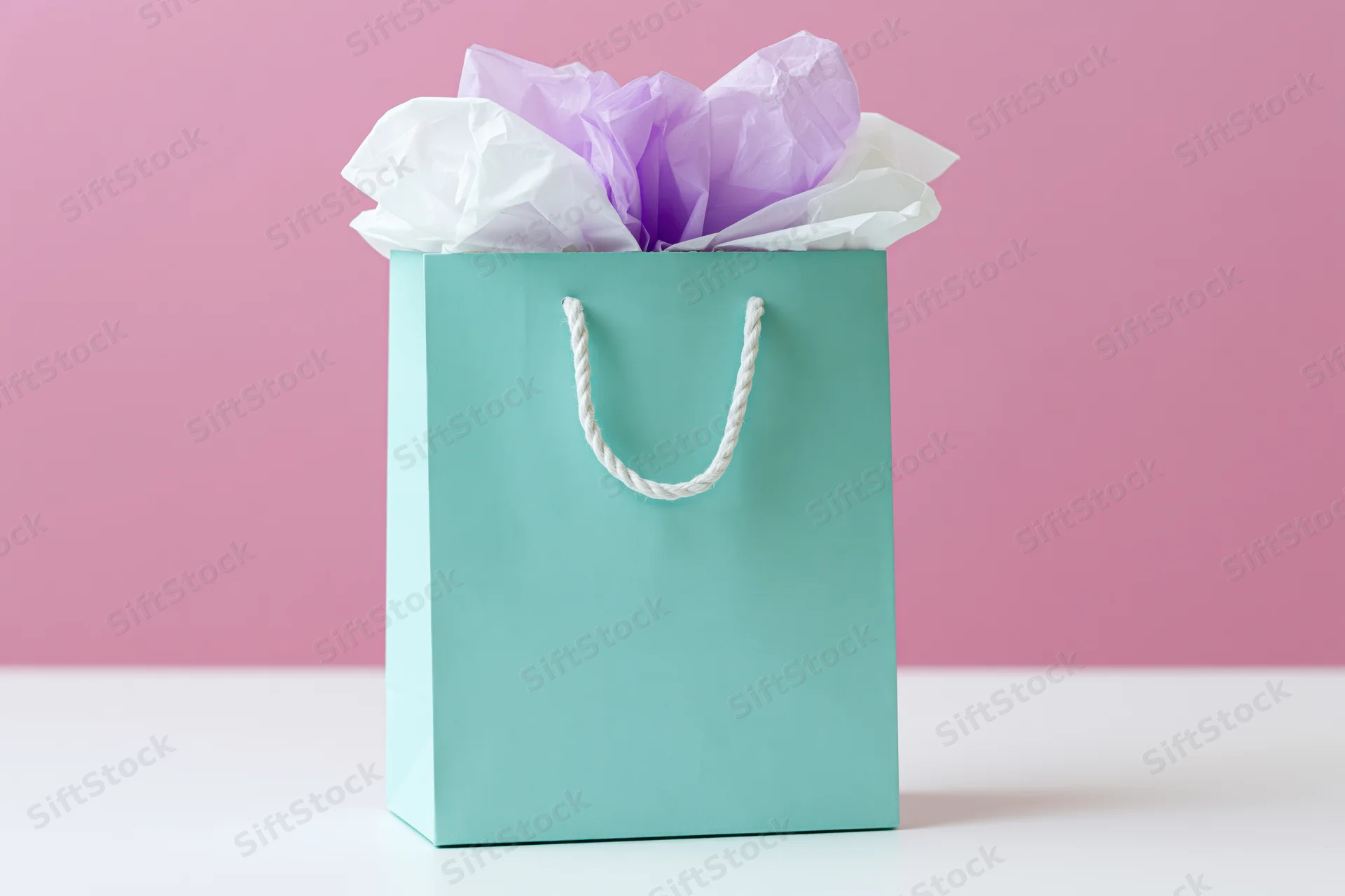 Mint blue paper gift bag filled with white and lavender tissue paper on pink background