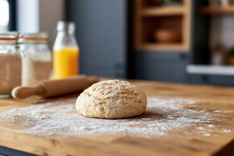 Mound of raw bread dough on flour-dusted wooden countertop in kitchen with rolling pin and jars nearby