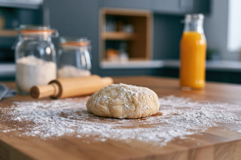 Mound of raw bread dough on flour-dusted wooden countertop in kitchen with jars and bottle of orange juice nearby