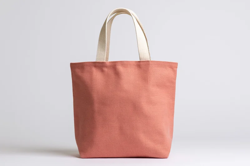 Peach canvas tote bag standing upright on white background