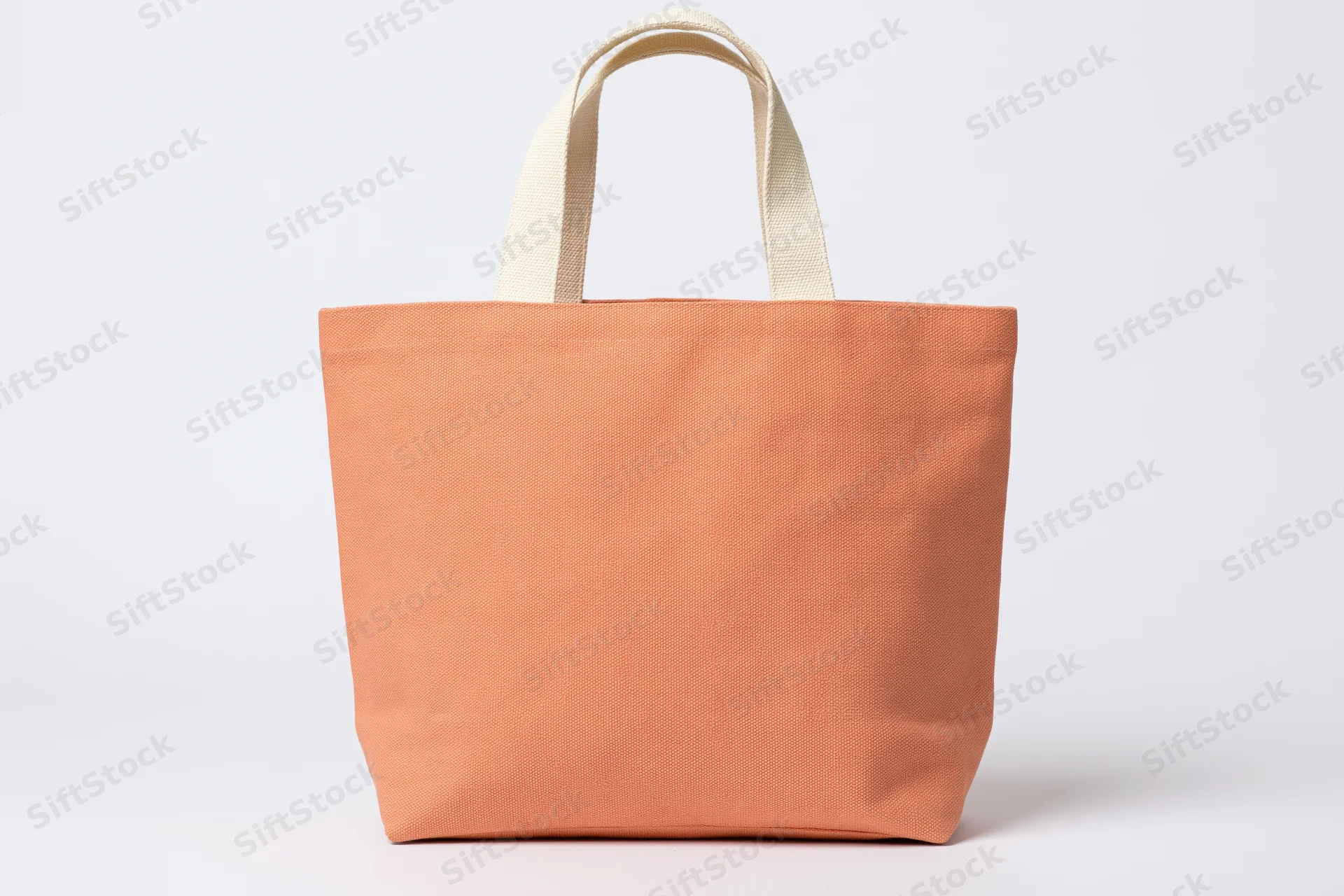 Peach canvas tote bag standing upright on white background