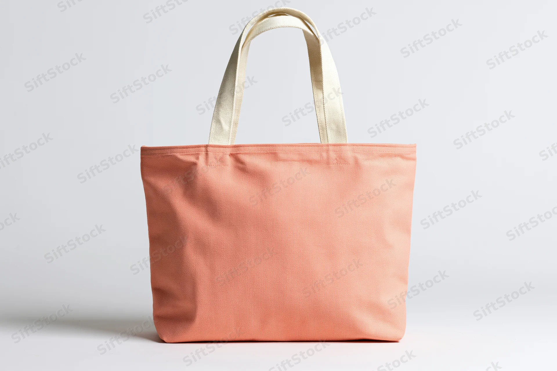 Peach canvas tote bag standing upright on white background