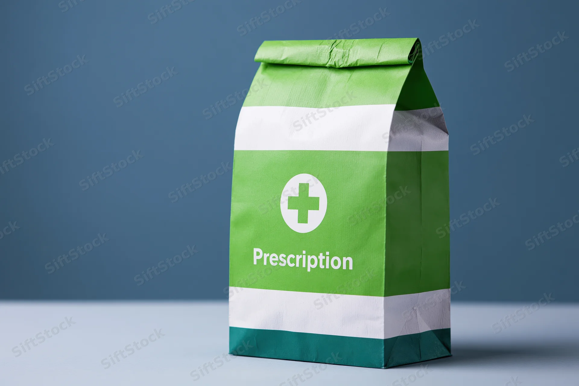 Green and white paper bag labeled prescription with cross symbol standing on flat surface