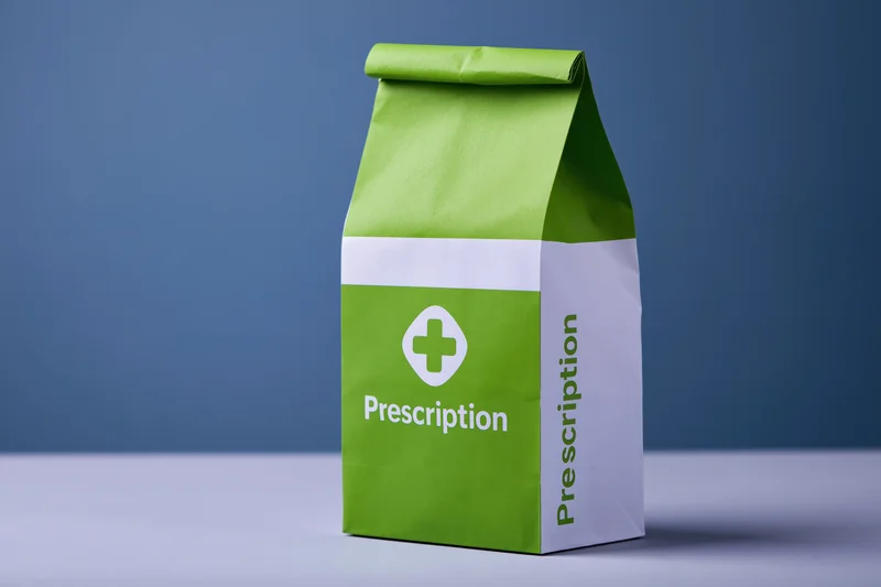 Green and white prescription paper bag standing upright on a flat surface