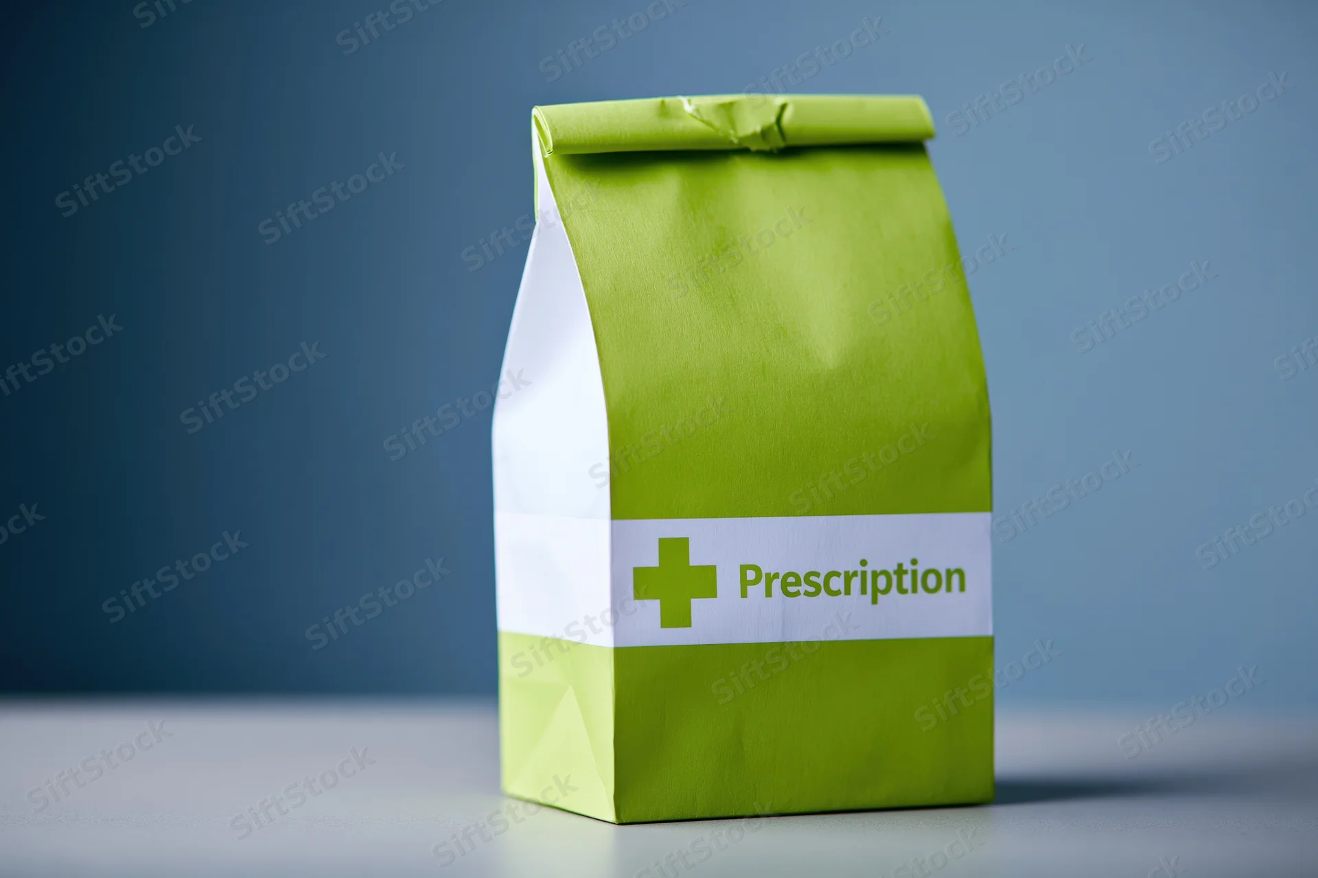 Green and white prescription paper bag standing upright on a flat surface