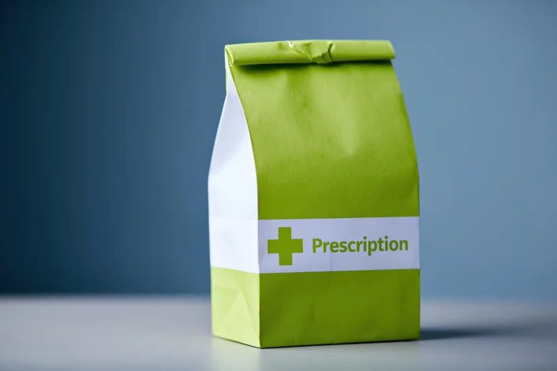 Green and white prescription paper bag standing upright on a flat surface