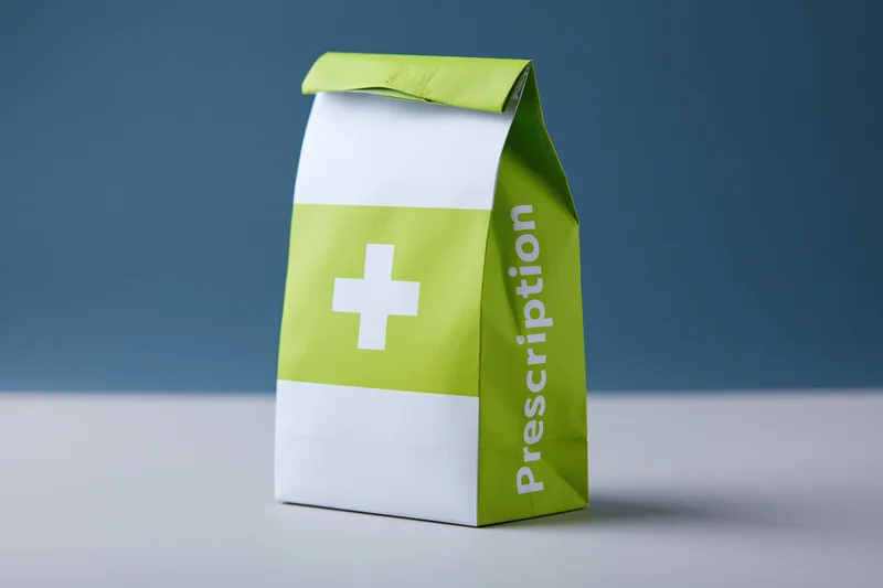 Green and white prescription paper bag standing upright on a flat surface