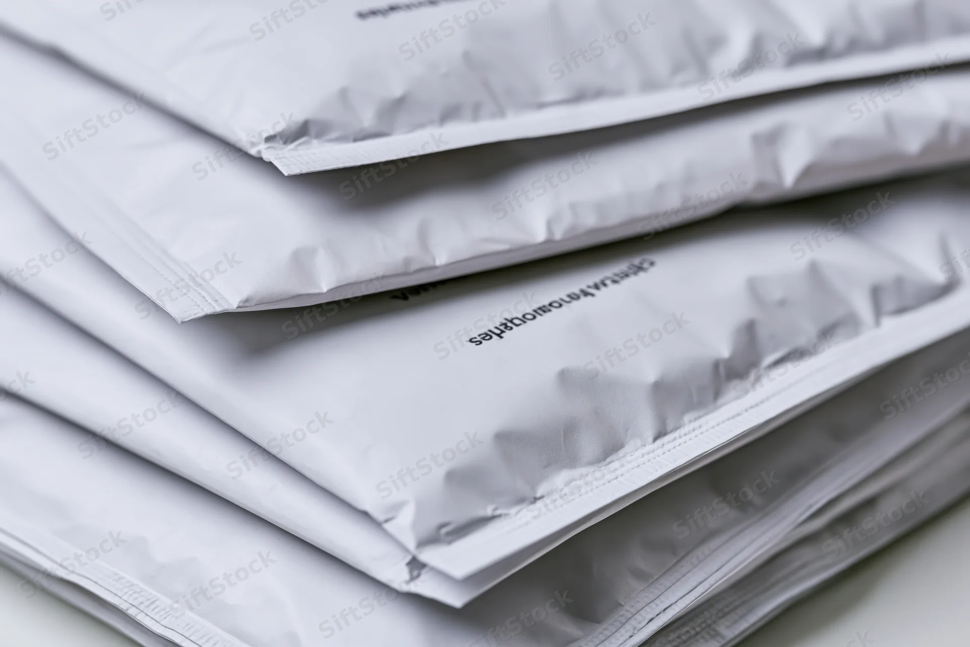 Stack of white poly mailer shipping bags arranged in layers on a flat surface