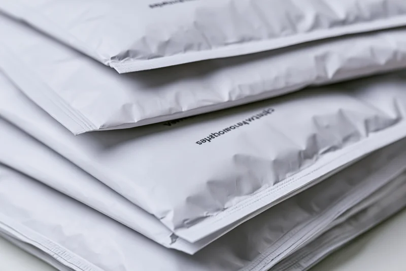 Stack of white poly mailer shipping bags arranged in layers on a flat surface