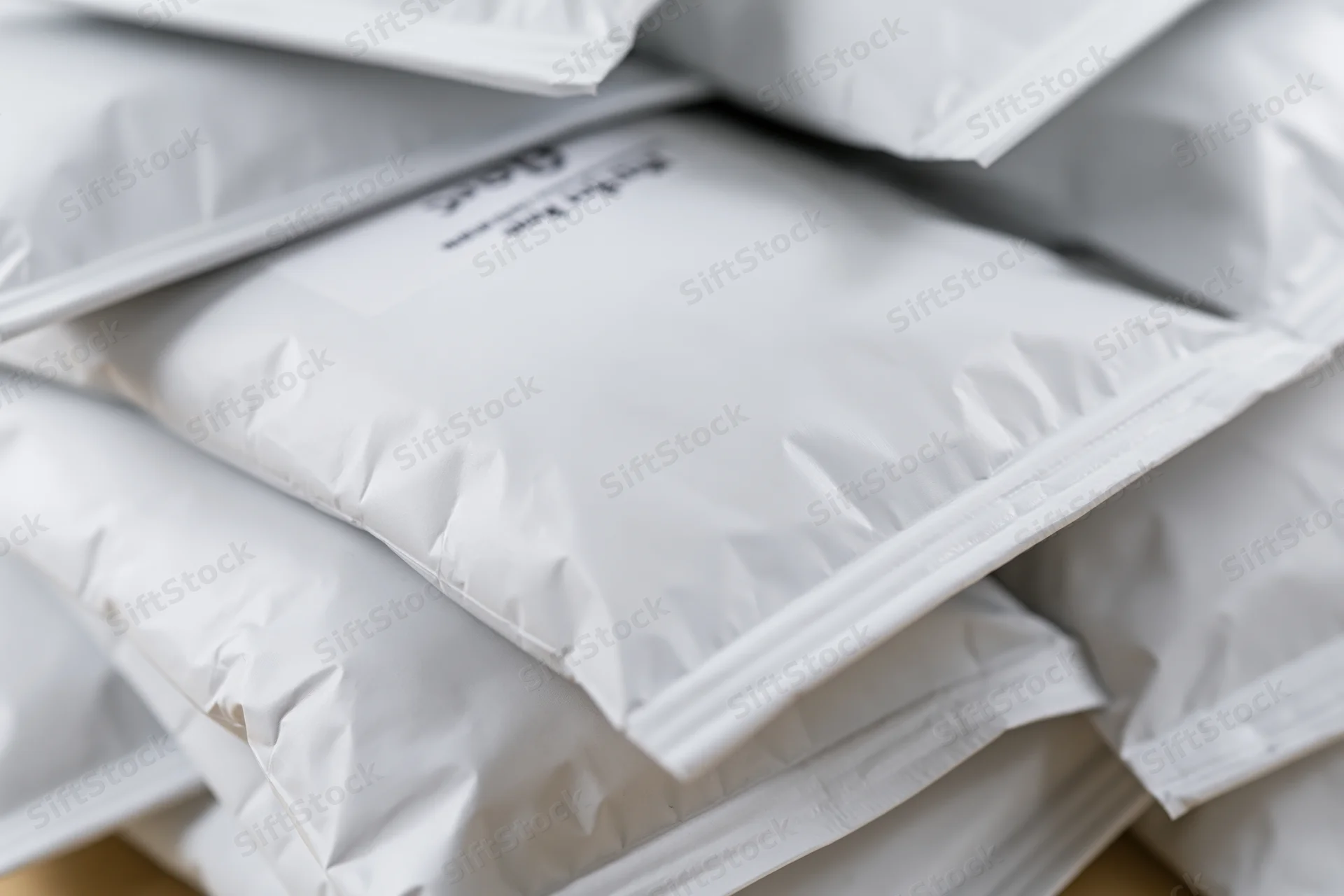 Stack of white poly mailer shipping bags piled together on a flat surface