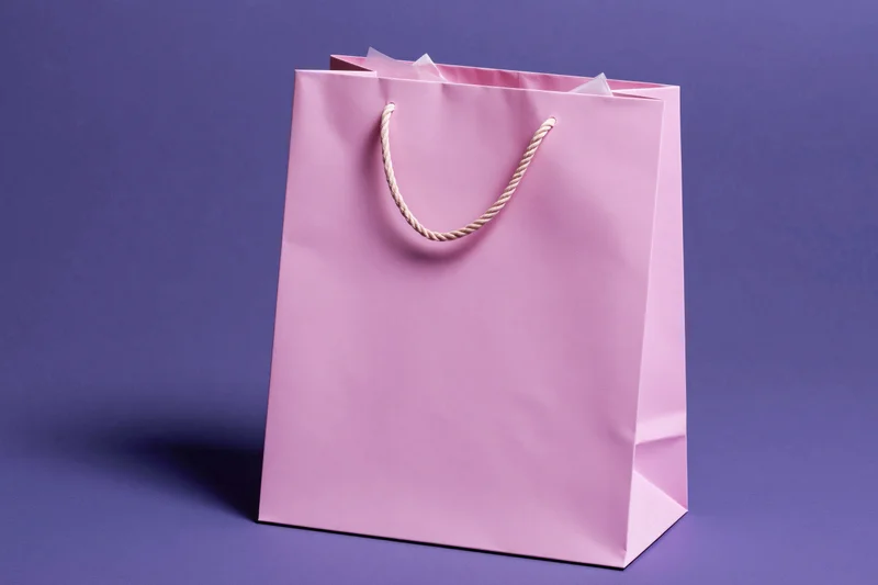 Pink paper shopping bag with twisted rope handle standing on purple background